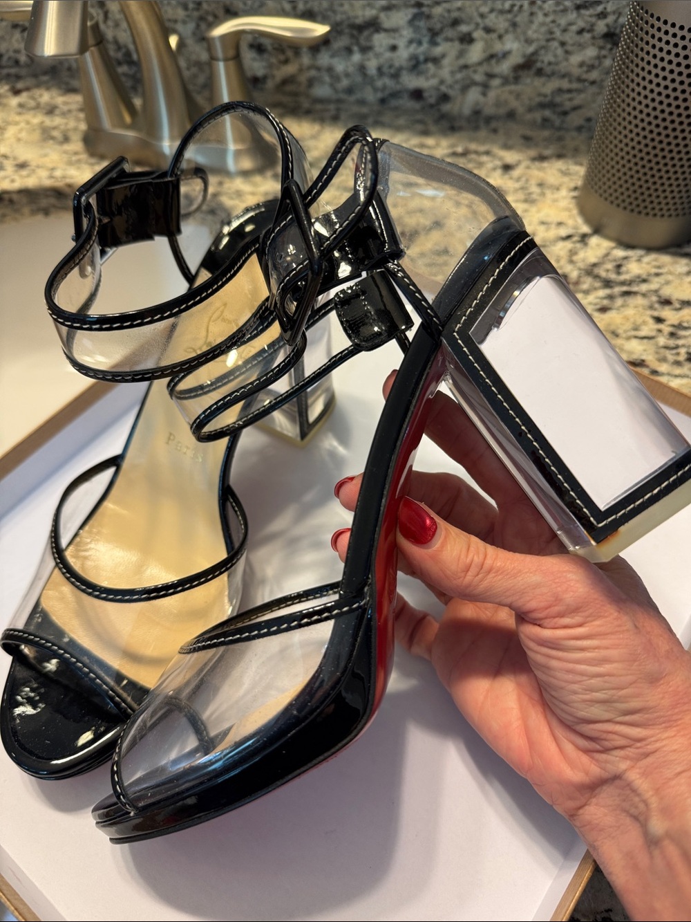 Christian Louboutin Black Patent and Clear PVC Block Heel Sandals